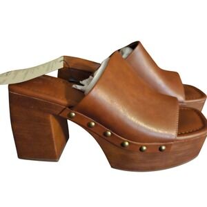 The Drop Millie Cognac Brown Platform Open Toe Mules Studded Wood Block Heel 9